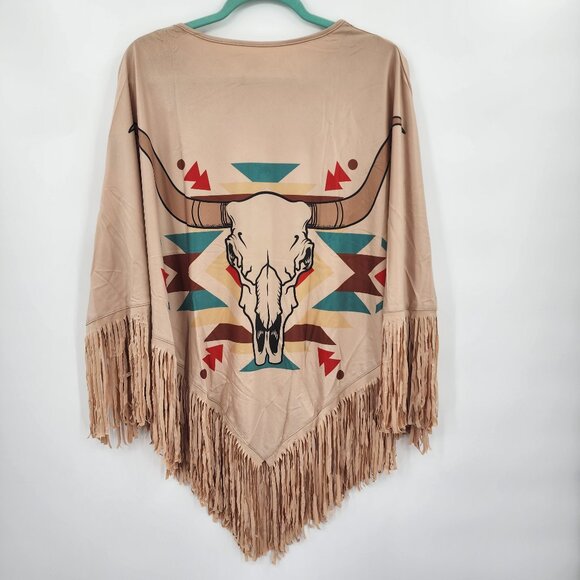 MONTANA WEST Steer Skull Graphic Faux Suede Fringed Poncho OS NWT - Picture 5 of 7
